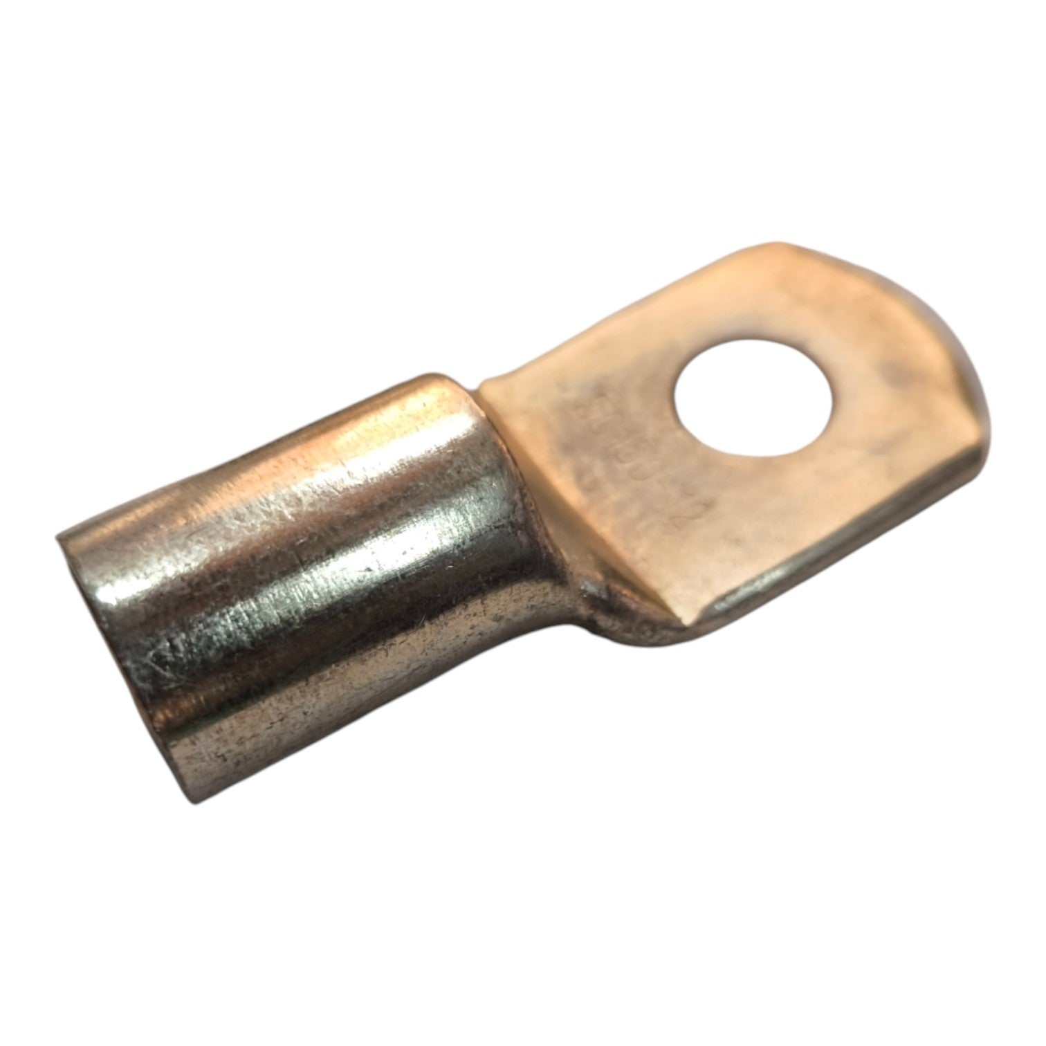 Metallic wire connector with a hole on a white background