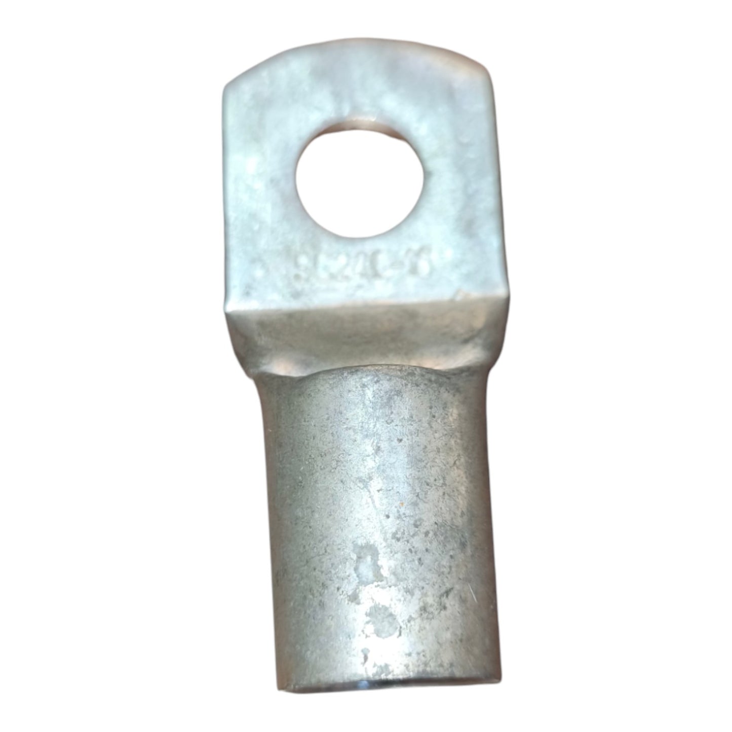 Metal terminal with a hole on a white background