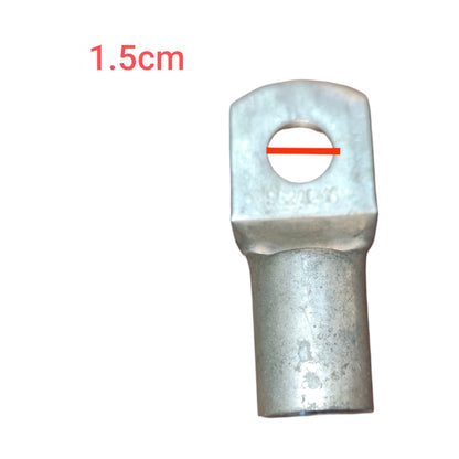 Metal terminal with a hole and measurement '1.5cm' on a white background