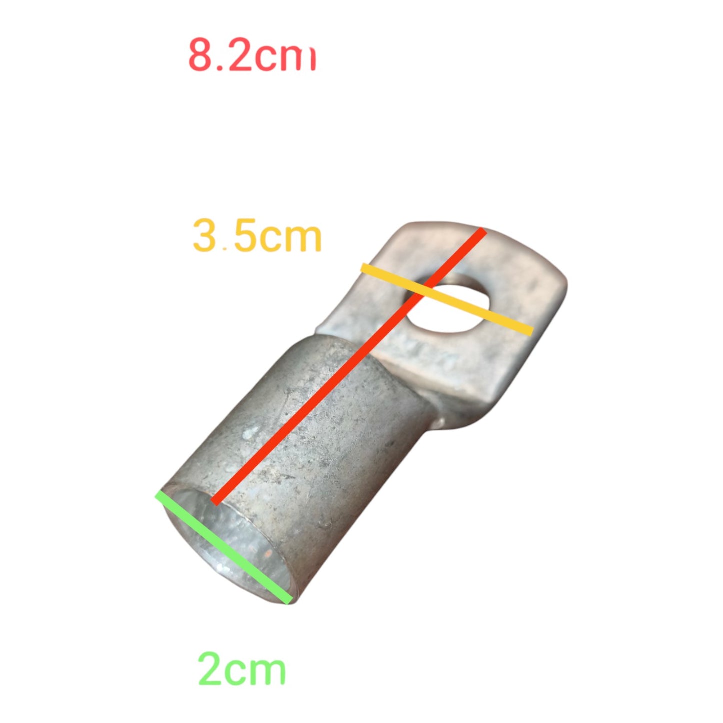 Metallic object with measurements marked on a white background