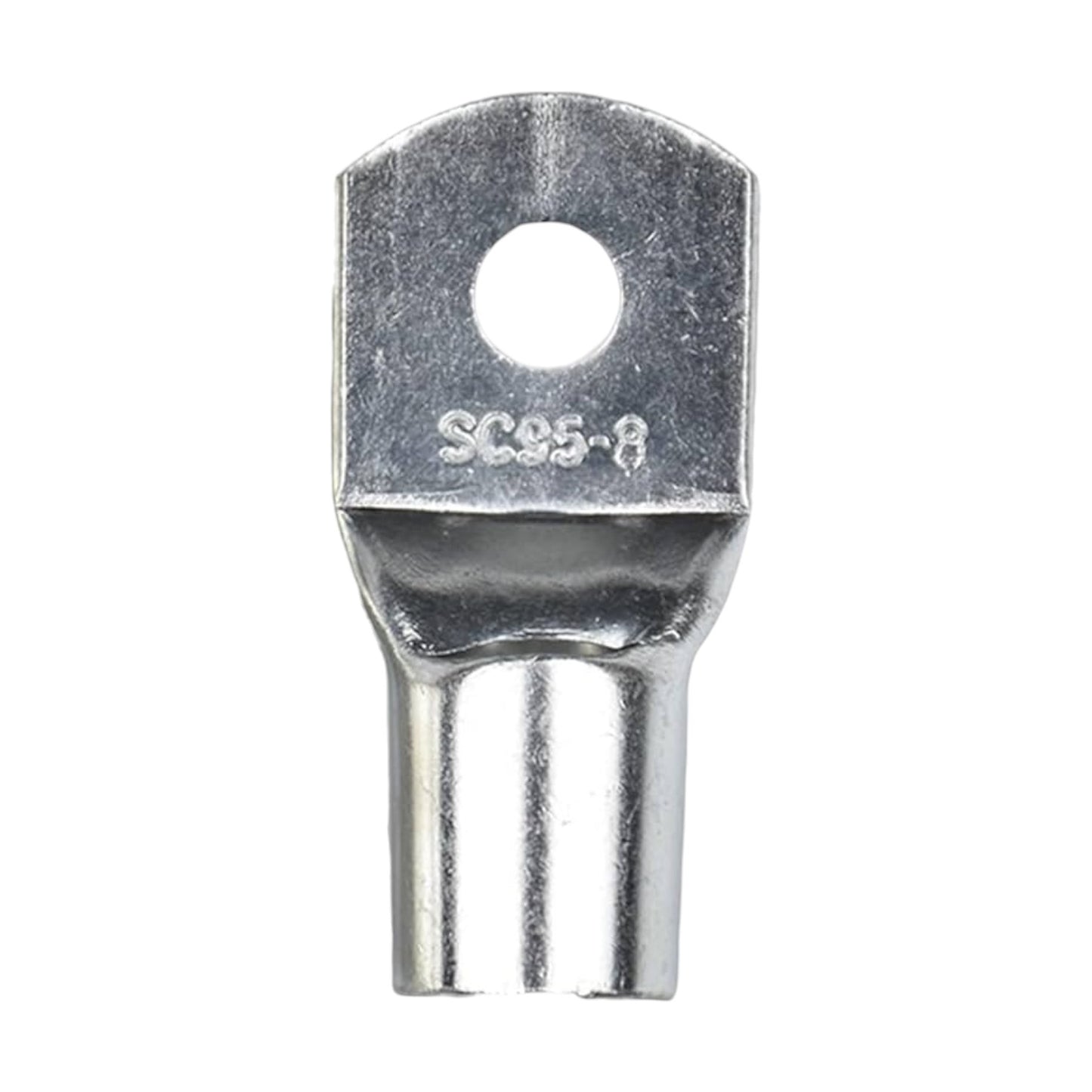 Metal terminal with a hole and two prongs on a white background