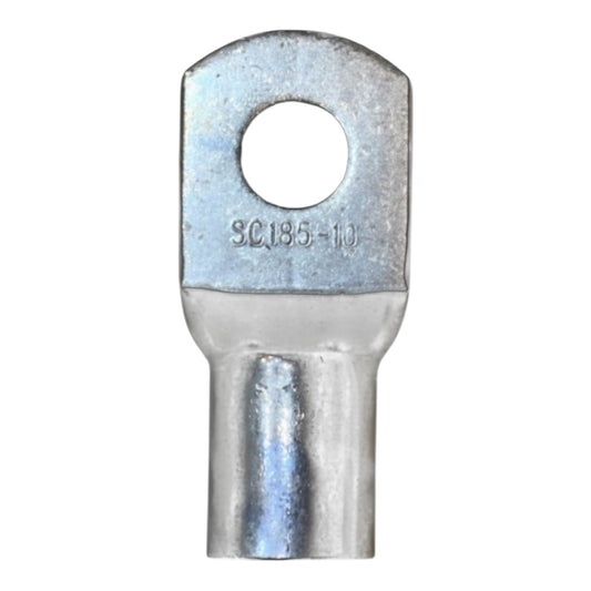 Metal electrical terminal with a hole on a white background