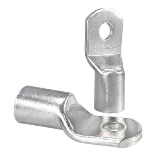 Two metal electrical connectors on a white background
