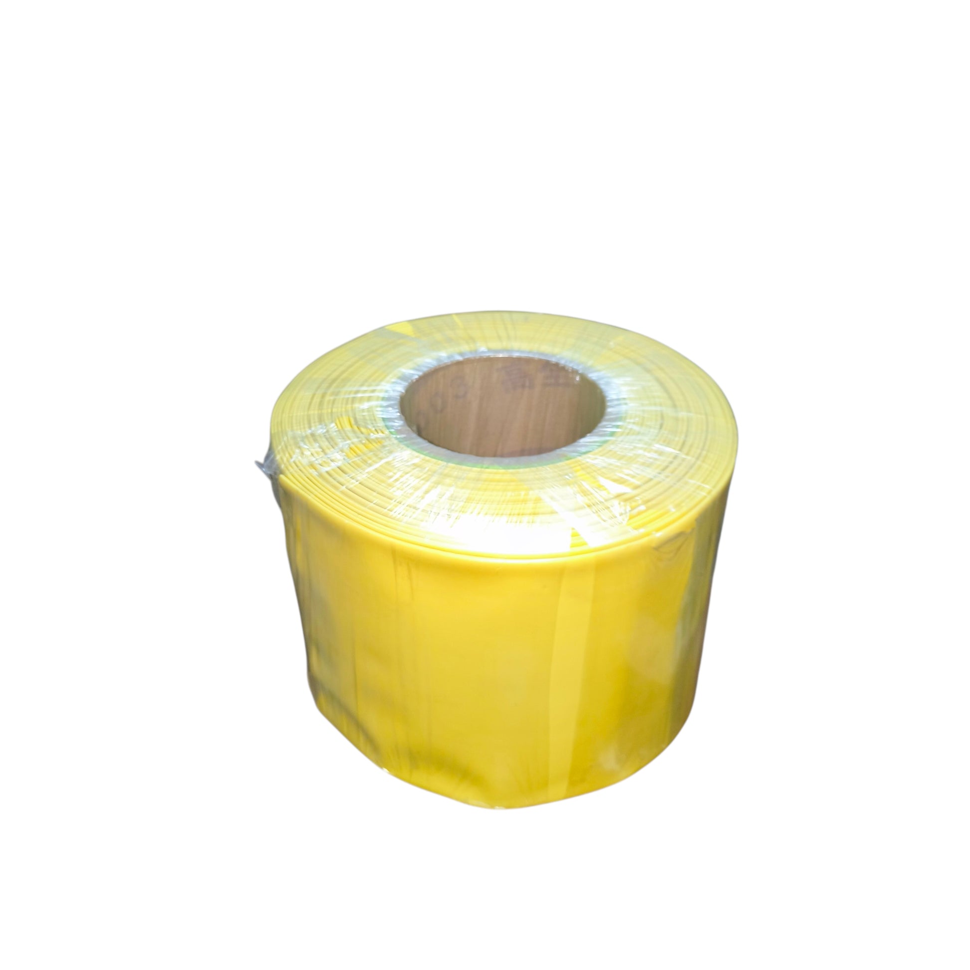 Roll of yellow plastic sheeting on a white background