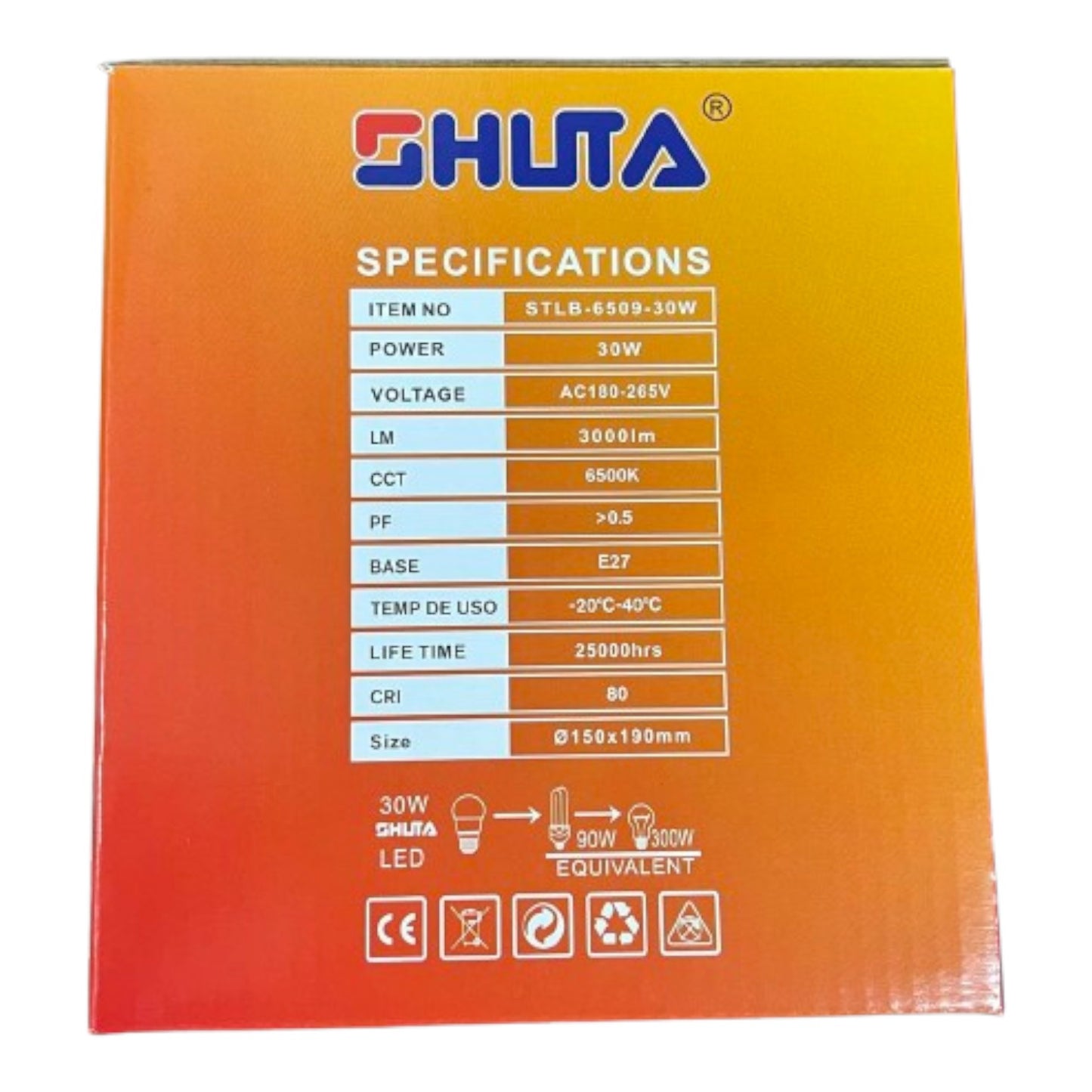 Shuta 30W Globe Bulb LED E27 180-265V AC LM 2700 Daylight 6500K STLB-6509 30W Electx Electrical SUpply