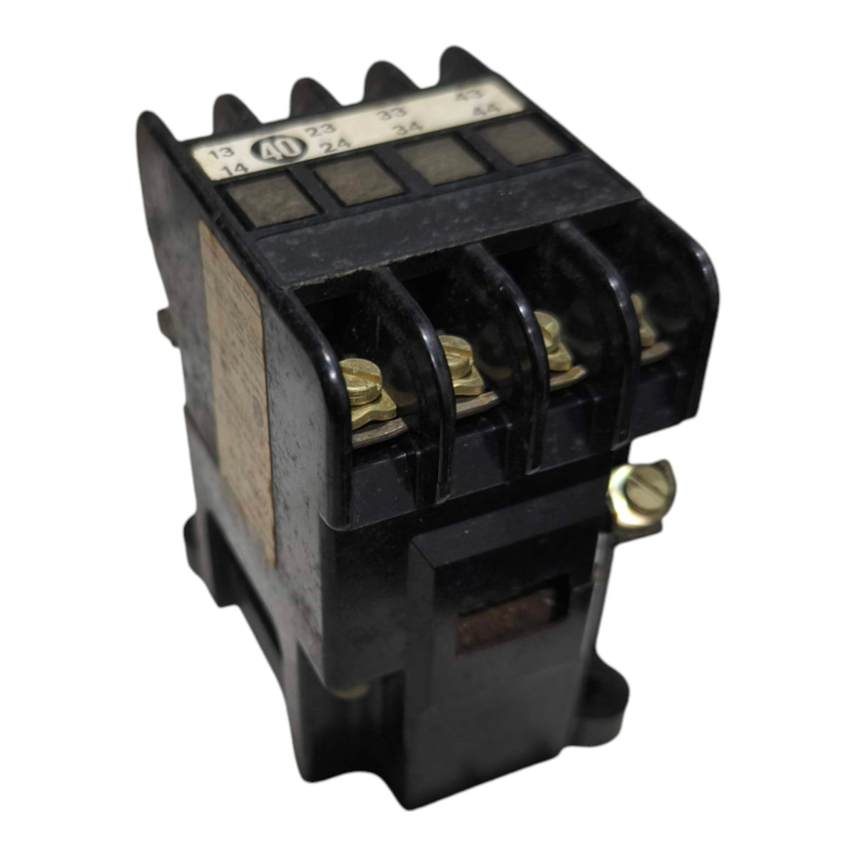 A black electrical contactor relay with gold-colored terminal screws and a small white temperature scale label, shown on a plain white background.