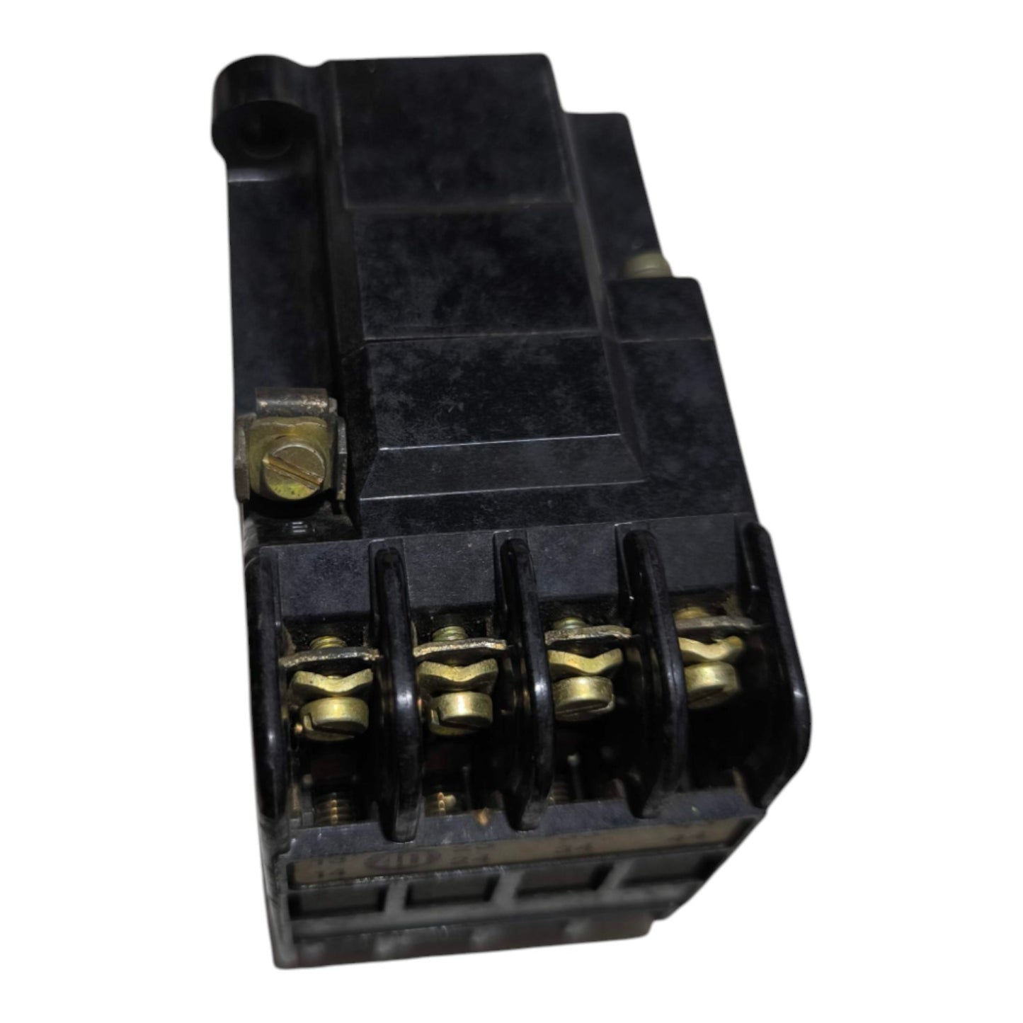 A black plastic electrical relay or terminal block with four brass screw terminals, shown on a plain white background.