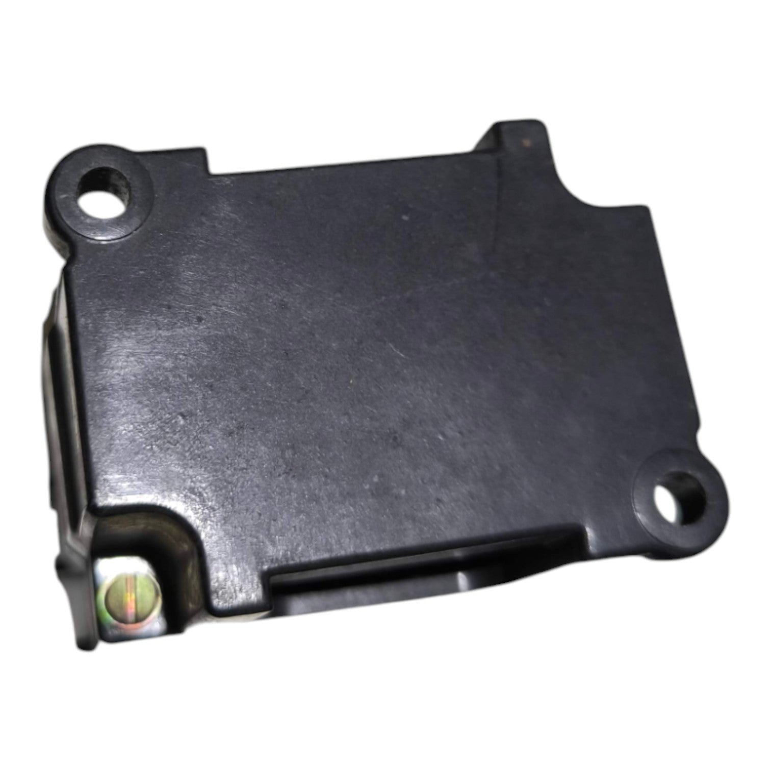 A black plastic automotive or motorcycle component with mounting holes and a small metal connector, shown on a plain white background.