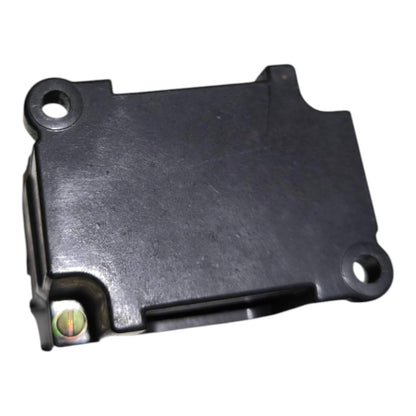 A black plastic automotive or motorcycle component with mounting holes and a small metal connector, shown on a plain white background.
