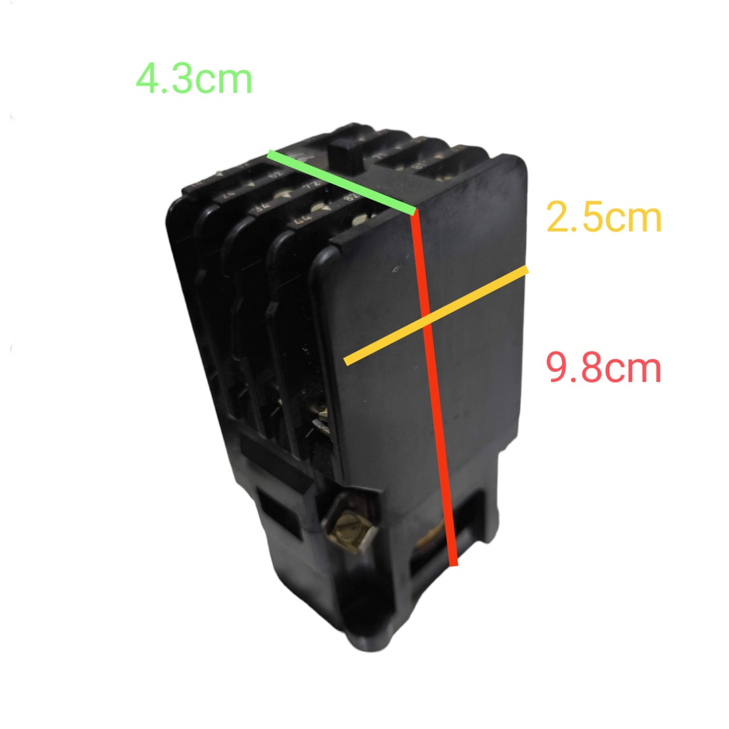 A black plastic electronic component or connector shown on a white background with colored measurement lines and text indicating dimensions: 4.3cm, 2.