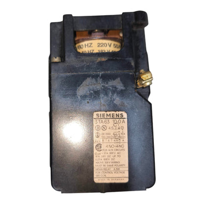 A Siemens electrical contactor coil assembly, model 3TA63 10.0A, featuring a black plastic housing, a brass terminal screw, and a beige specification label.