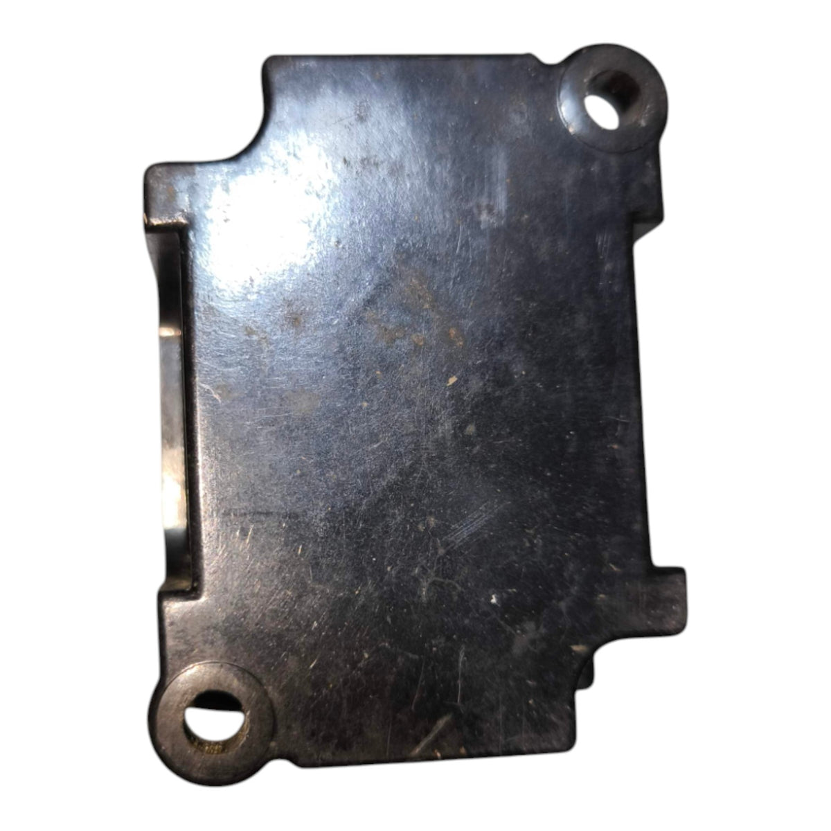A dark gray cast metal bracket or cover with pre-drilled mounting holes, shown against a plain white background.