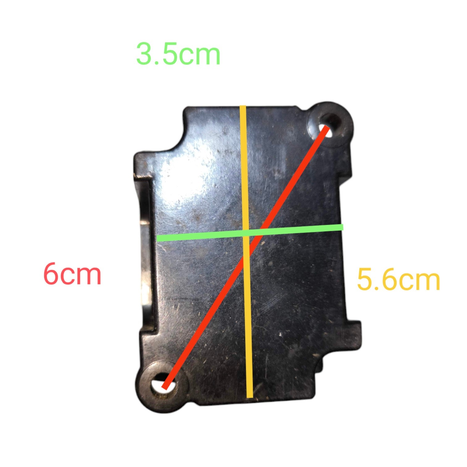 A black metal mounting plate or bracket shown on a white background with overlaid dimension lines and text indicating measurements: 3.5 cm, 6 cm, 5.