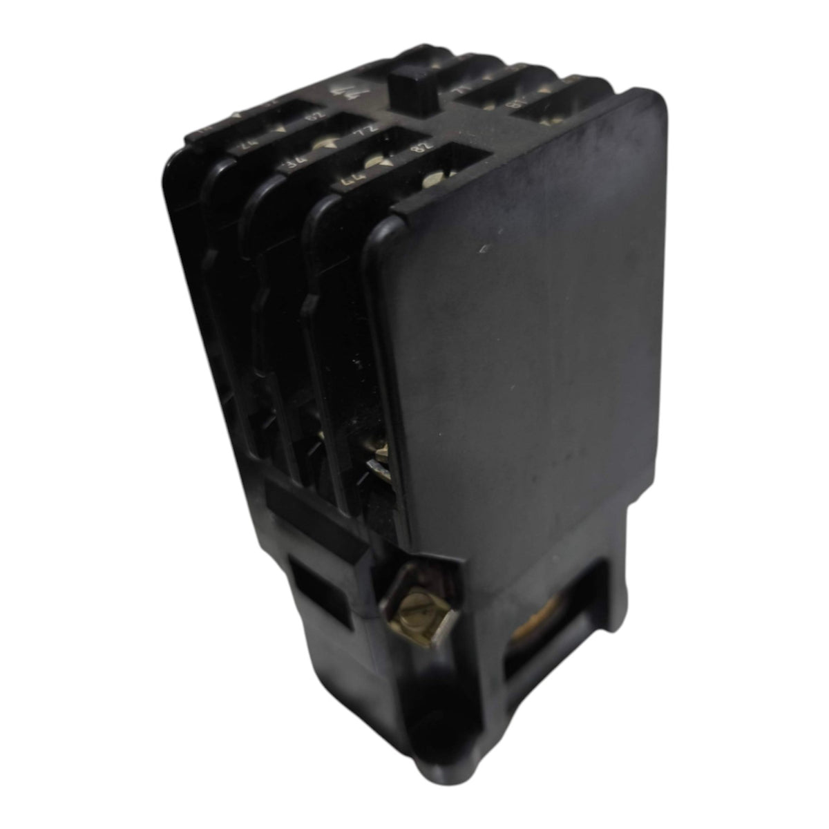 A black plastic electrical relay component with multiple terminal posts on one side, shown on a plain white background.
