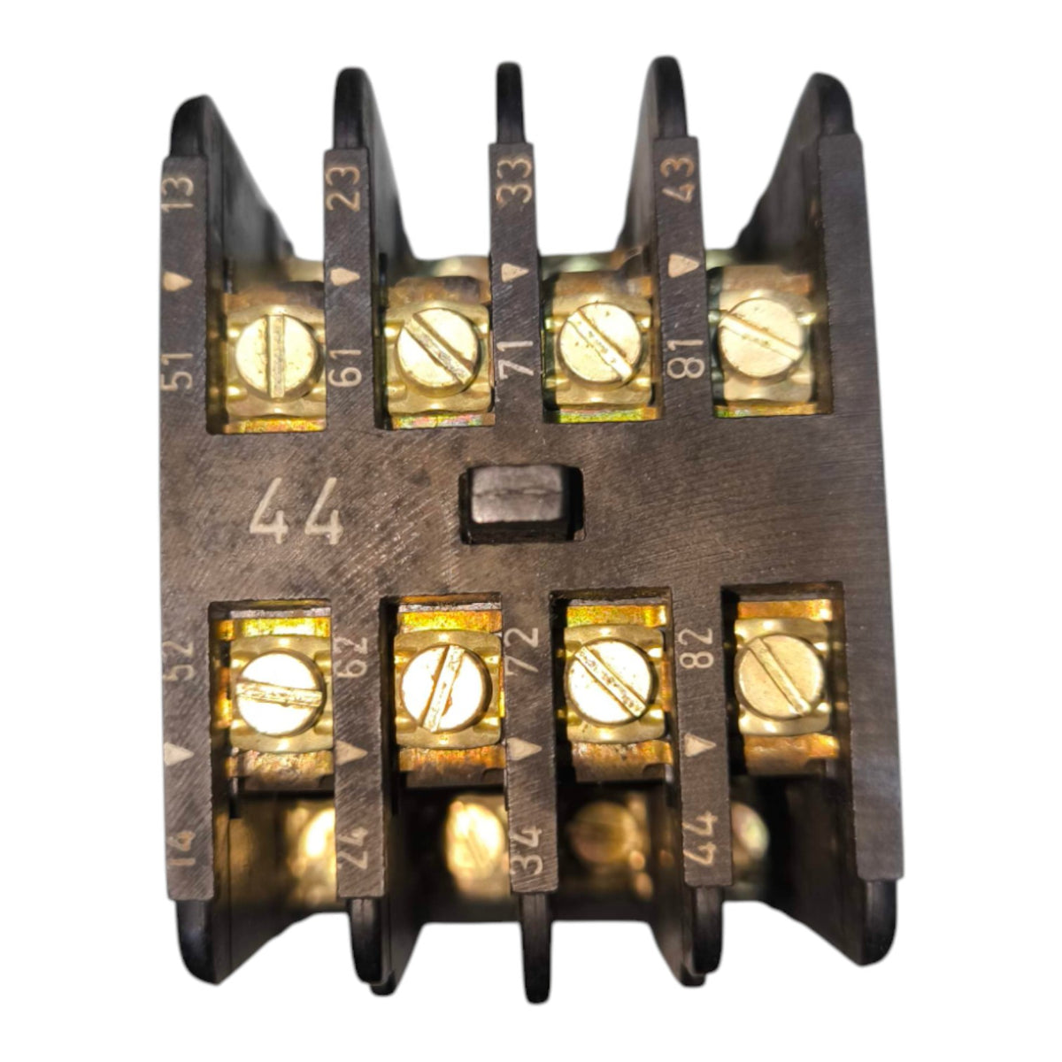 A black plastic and metal electrical terminal block connector with gold-colored screw terminals and printed terminal numbers, isolated on a white background.