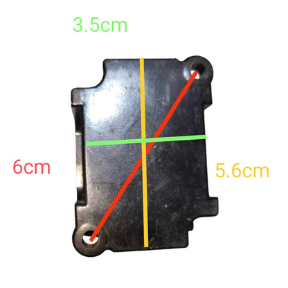 A black plastic mechanical component with dimensions labeled in green, red, and yellow text, showing measurements of 3.5cm, 6cm, and 5.