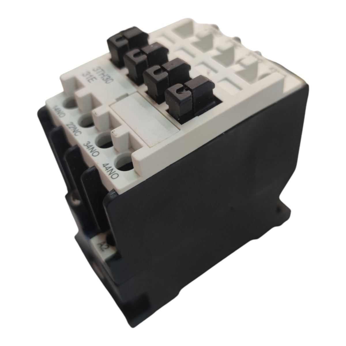 A 3-terminal contactor relay with a black plastic body and a white terminal housing, shown on a plain white background.