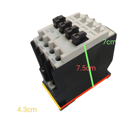 A small electrical contactor or relay component shown on a plain white background with overlaid dimension labels and colored measurement lines indicating 7 cm, 7.5 cm, and 4.