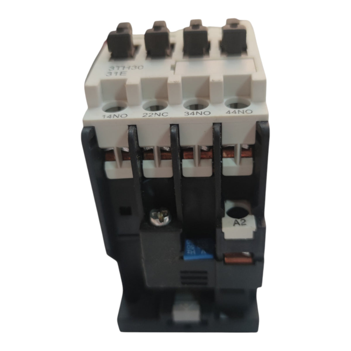 A 3-pole contactor relay with a black plastic body and a beige terminal block, featuring four dark terminal screws on top and printed terminal labels.