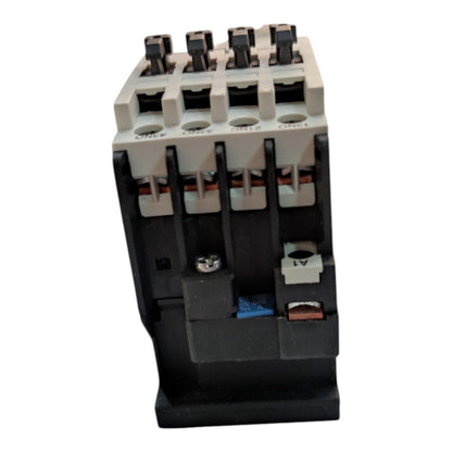 A 4-contact thermal overload relay electrical component with a black plastic body and a light gray terminal housing, shown on a plain white background.