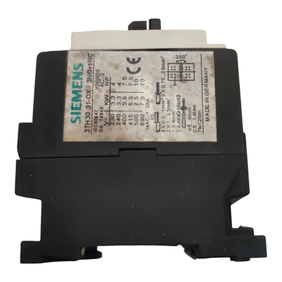 A Siemens electrical contactor, model 2N30 31-0X 3NQ4JNC, in black plastic with a beige terminal block and a white specification label.