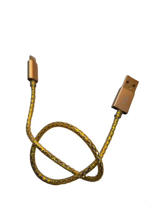 Gold braided smart phone charging cord with USB and connector ends for fast charging