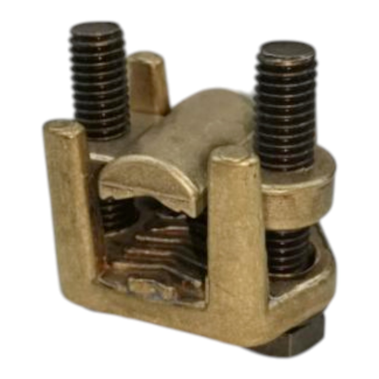 Brass clevis pin with two threaded rods on a white background Solderless Connector Double Bolt 200mm - 250mm Wire Size Copper 350-500MCM Electx Electrical Supply