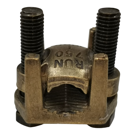 Brass valve handle with two threaded rods on a white background Solderless Connector Double Bolt 200mm - 250mm Wire Size Copper 350-500MCM Electx Electrical Supply