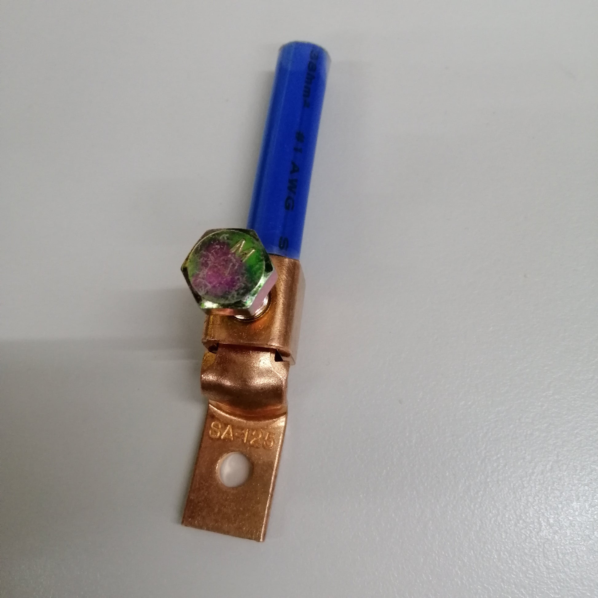 Copper electrical connector with blue handle on a light gray background Solderless Terminal Lugs 38mm-50mm Wire Size Copper, AWG1/0 SA-125 Electx Electrical Supply