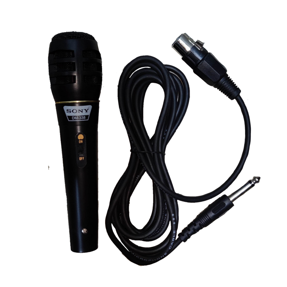 Sony microphone with microphone cord featuring on and off switch and XLR to 1/4 inch plug