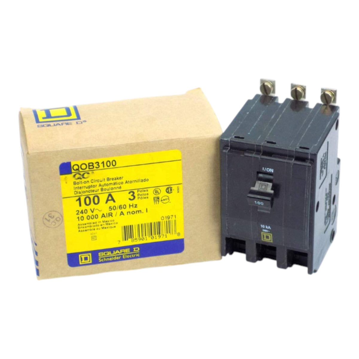 Square D AC QOB3100 100A circuit breaker next to its original cardboard packaging box with a yellow label, on a white background.