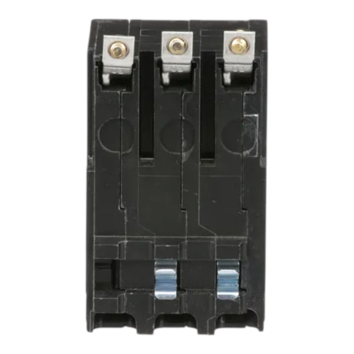 A black plastic three-terminal electrical component or terminal block with silver metal screw terminals and small gold-colored screws, shown against a plain white background.