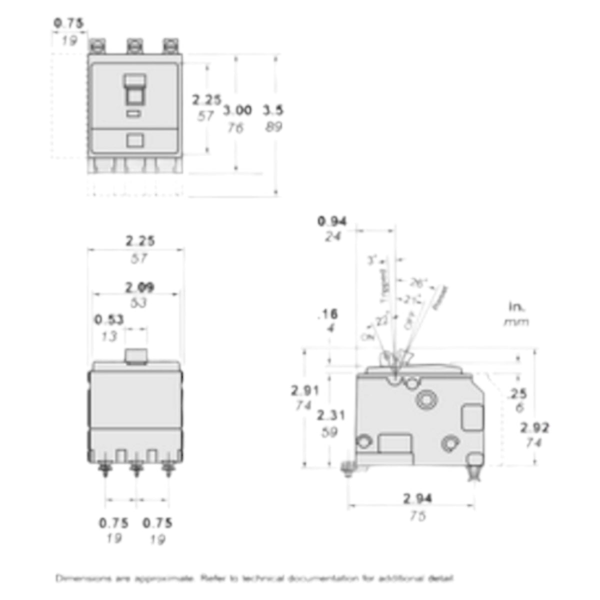Technical dimension drawing of an electrical switch or relay component, showing front, side, and top views with measurements in millimeters and inches on a white background.