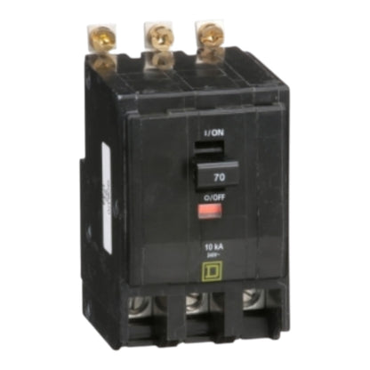 A black electrical circuit breaker with three gold-colored terminal screws on top and a front switch labeled 70 with O/I/FF markings, shown against a plain white background.