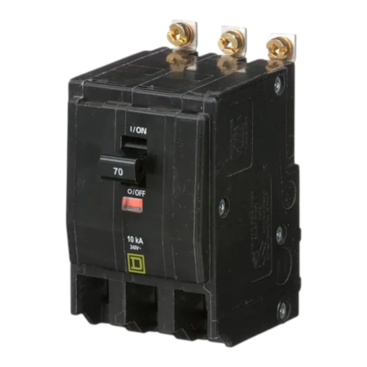 A black electrical circuit breaker with a 70A rating, featuring three gold-colored terminal screws on top, photographed against a plain white background.