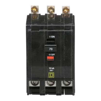 A black electrical circuit breaker with three terminal posts at the top and bottom, featuring a red O/CFF switch and white printed text including 'I/ON', '70', and '10 kA 36V~'.
