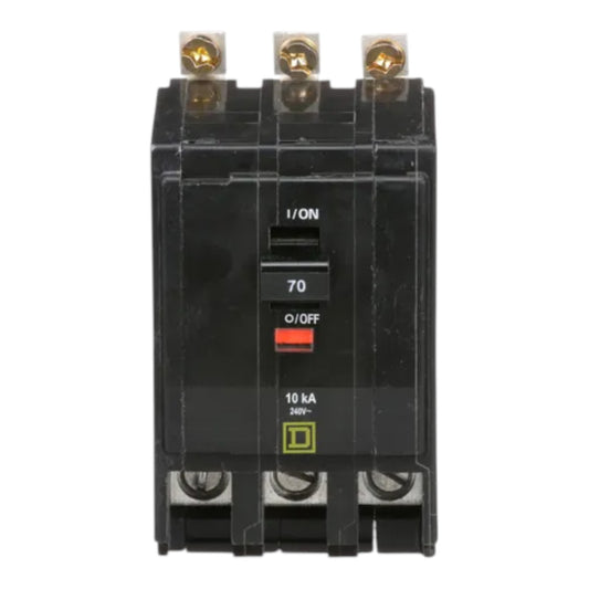 A black electrical circuit breaker with three terminal posts at the top and bottom, featuring a red O/CFF switch and white printed text including 'I/ON', '70', and '10 kA 36V~'.