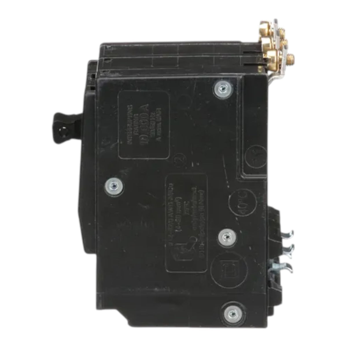 A black electrical circuit breaker with brass and silver metal terminals on one end, photographed against a plain white background.