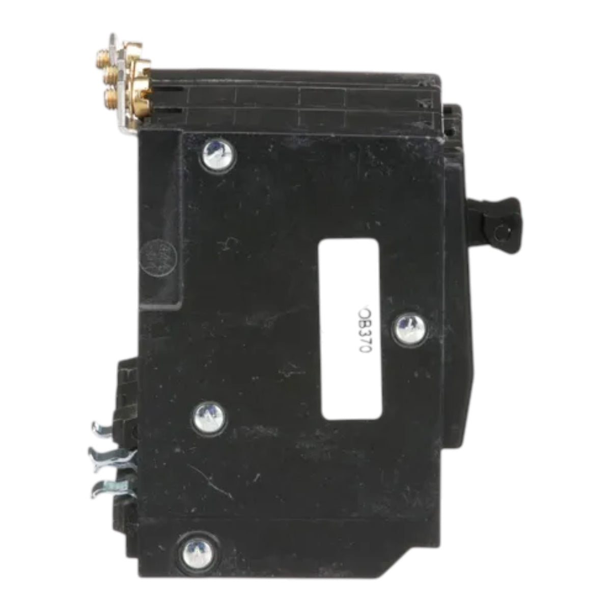 A black electrical contactor or relay component with brass and silver terminal connectors, a white label marked 'OB370', and a small black switch tab, shown on a plain white background.