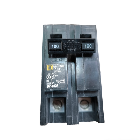 Square D 100A 2 Pole Circuit Breaker black electrical component with labeled switches