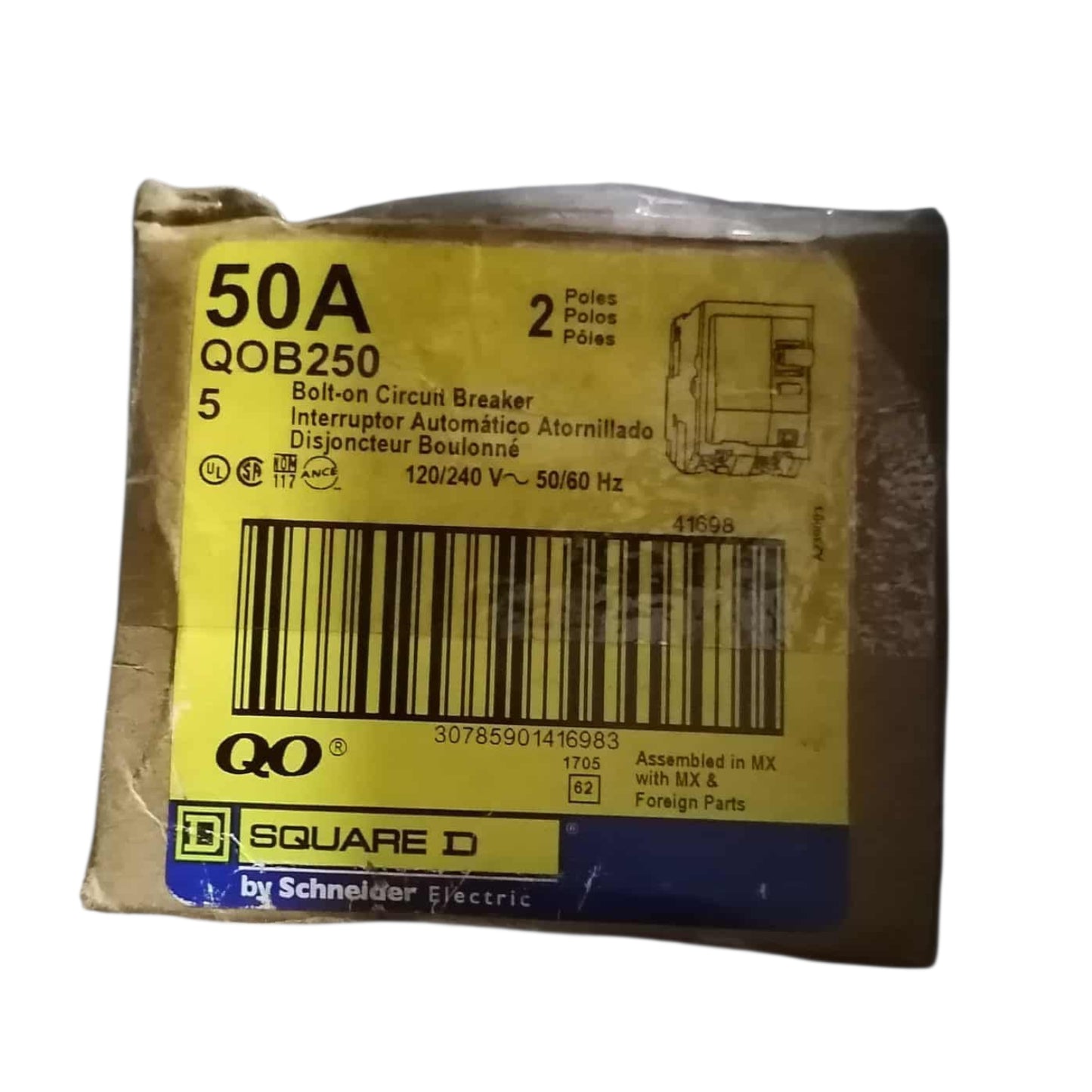 Square D 50A 2Pole 10 KAIC 220V Bolt On Circuit Breaker SE-QOB250