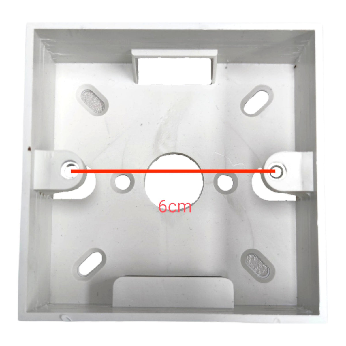 A square white plastic or metal mounting bracket with pre-drilled holes, featuring a red horizontal measurement line and red text reading '6cm' across the center, on a plain white background.