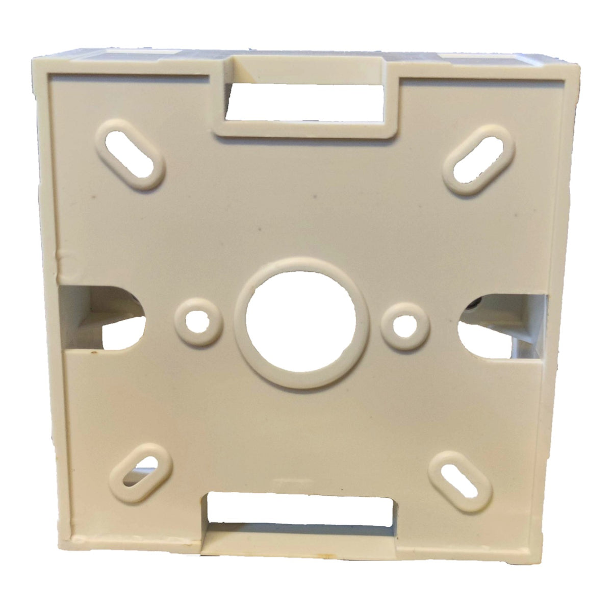 An off-white plastic mounting bracket or frame with various cutouts and slots, shown against a plain white background.