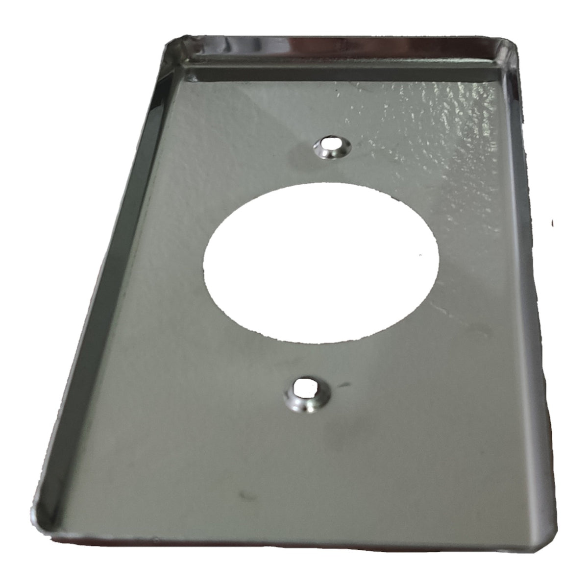 A rectangular metal plate with a large circular cutout in the center and two small screw holes, shown on a plain white background.