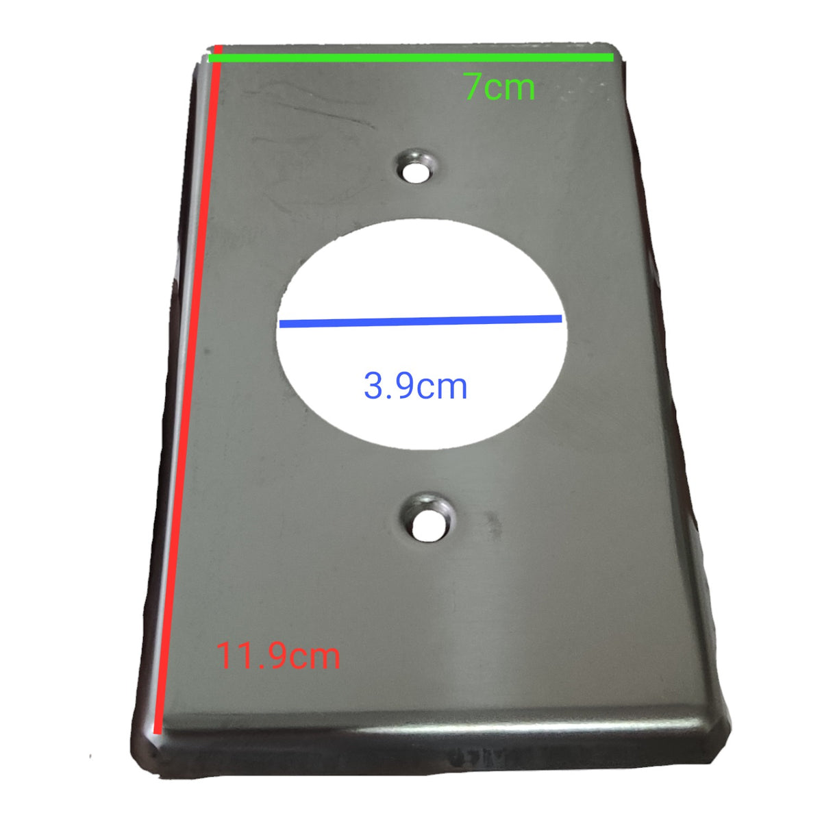 A dark gray metal mounting plate with two screw holes and a circular cutout, overlaid with red, green, and blue dimension lines and text showing measurements of 11.9cm, 7cm, and 3.