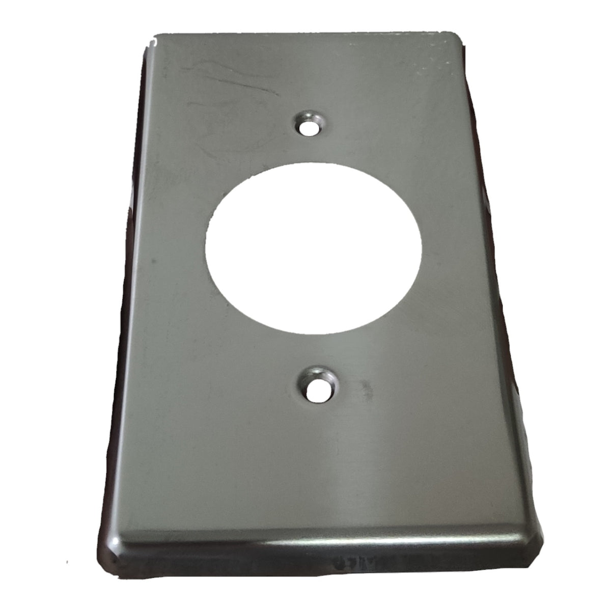 A dark gray metal wall plate cover with a circular cutout and two mounting holes, shown on a plain white background.