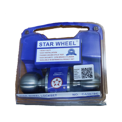 Star Wheel Door Knob heavy duty lockset with silver chrome finish and high security brass cylinder