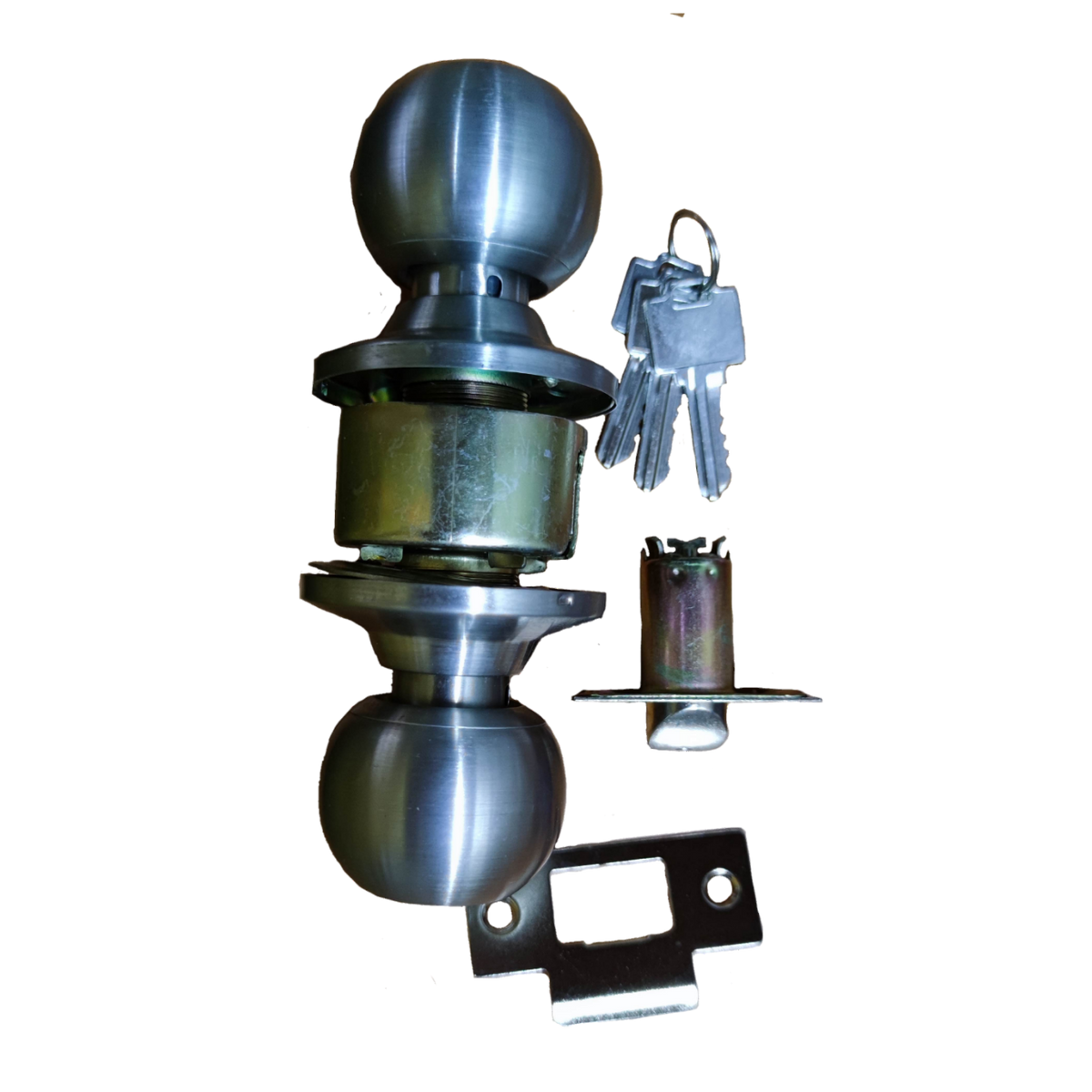 Star Wheel Door Knob set with brushed metal finish including keys and latch components