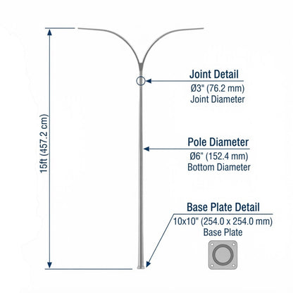 Technical dimension diagram of a modern double-arm street light pole, showing measurements for 15ft total height, pole diameter, joint diameter, and base plate details with labels on a white background.