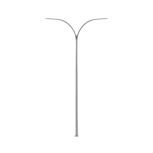 A modern two-arm street light pole with a slim, curved Y-shaped design, shown against a plain white background.